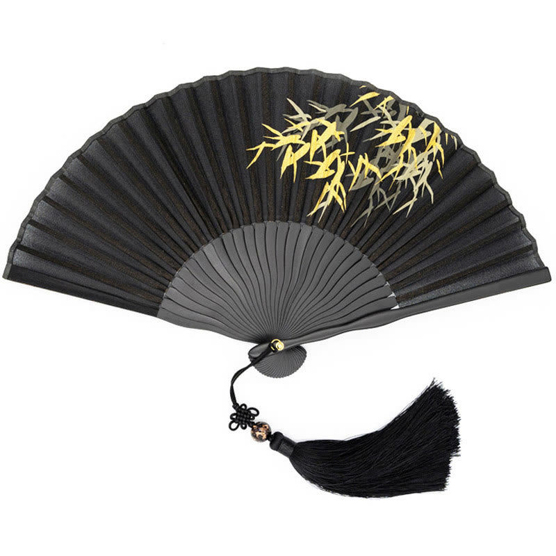 Nimara Ritual Black Bamboo Leaf Print Silk Handheld Bamboo Folding Fan