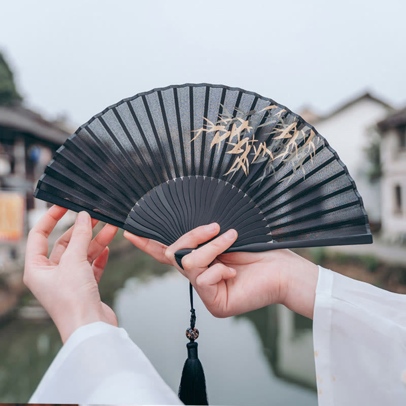 Nimara Ritual Black Bamboo Leaf Print Silk Handheld Bamboo Folding Fan