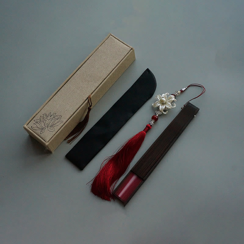 Nimara Ritual Red Lily Tassel Hollow Rib Silk Handheld Bamboo Folding Fan