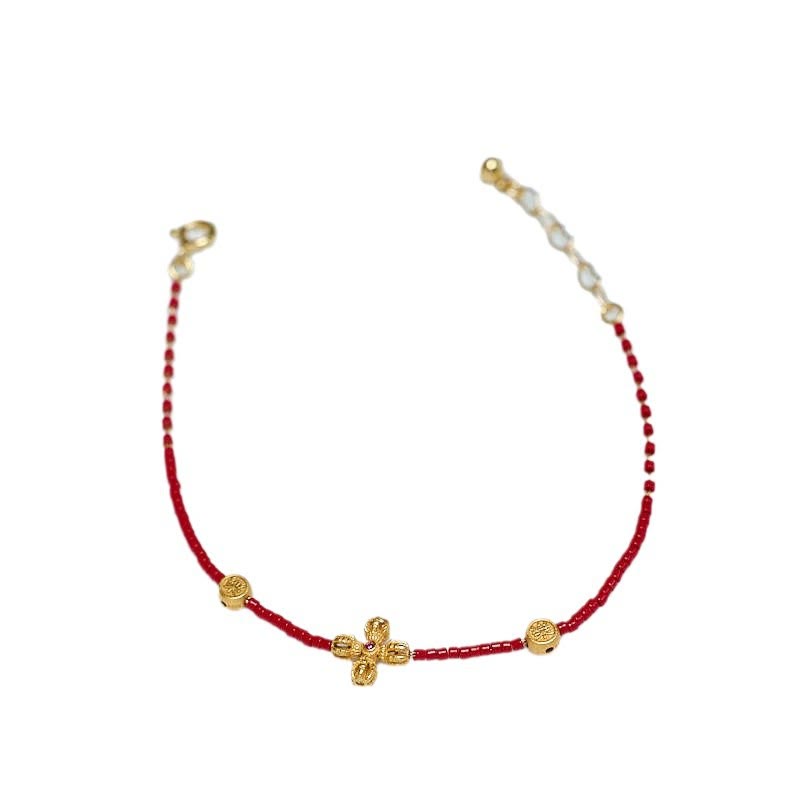 Nimara Ritual 925 Sterling Silver Plated 24k Gold Liuli Glass Bead PiXiu Four Leaf Clover Joy And Happiness Wealth Bracelet