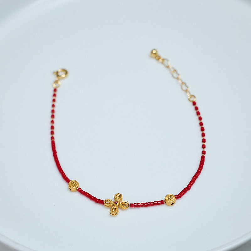 Nimara Ritual 925 Sterling Silver Plated 24k Gold Liuli Glass Bead PiXiu Four Leaf Clover Joy And Happiness Wealth Bracelet