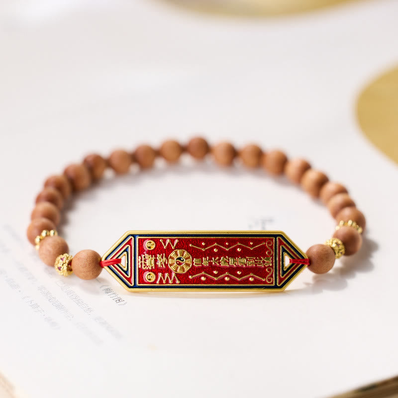 Nimara Ritual Sandalwood Wood Bead Gold Plated Copper Bagua Yin Yang Chinese Character Harmony Bracelet