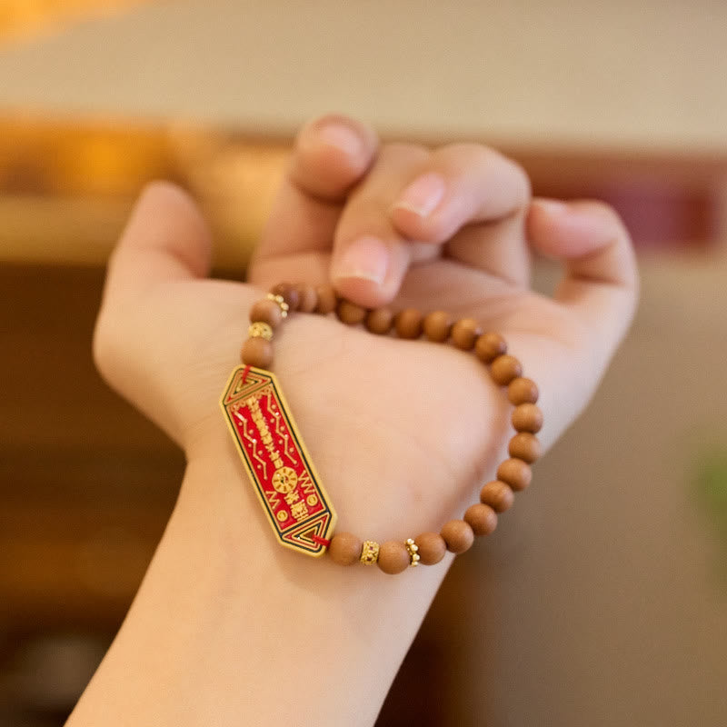 Nimara Ritual Sandalwood Wood Bead Gold Plated Copper Bagua Yin Yang Chinese Character Harmony Bracelet