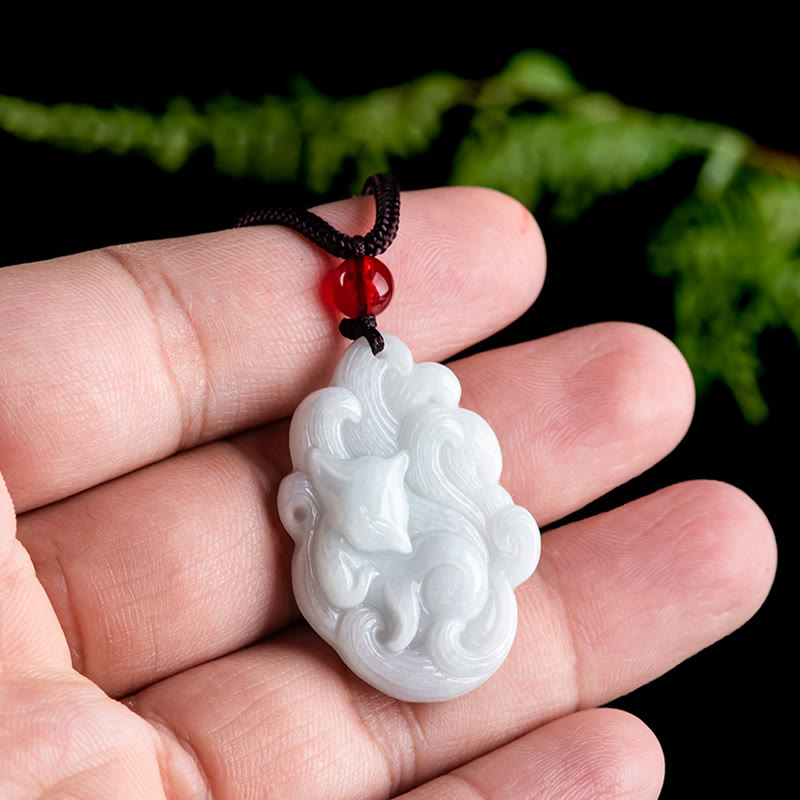 Nimara Ritual Natural Jade Nine Tailed Fox Luck Necklace Pendant
