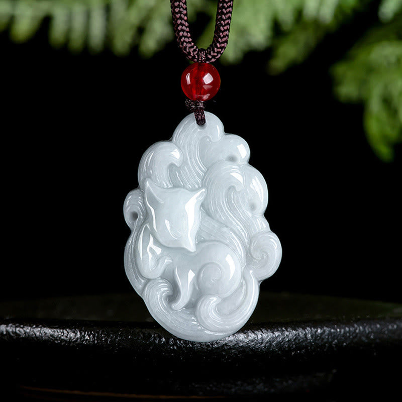 Nimara Ritual Natural Jade Nine Tailed Fox Luck Necklace Pendant
