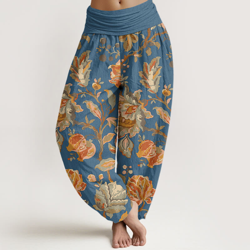 Nimara Ritual Cotton Casual Blooming Flowers Buds Design Women's Elastic Waist Harem Pants