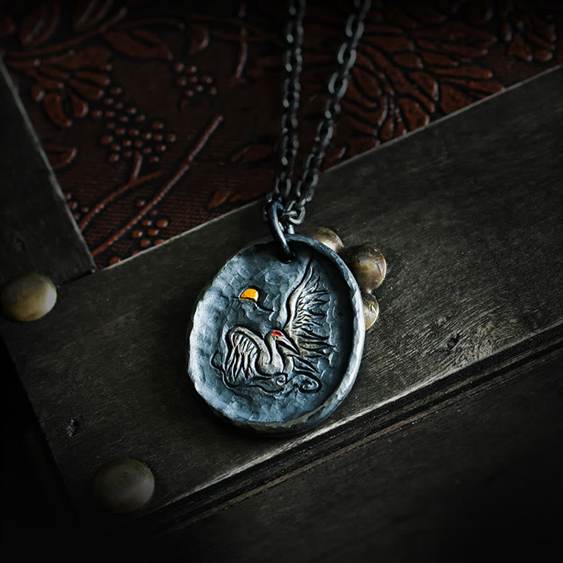 Nimara Ritual 999 Sterling Silver 24k Gold Crane Auspicious Clouds Balance Necklace Pendant