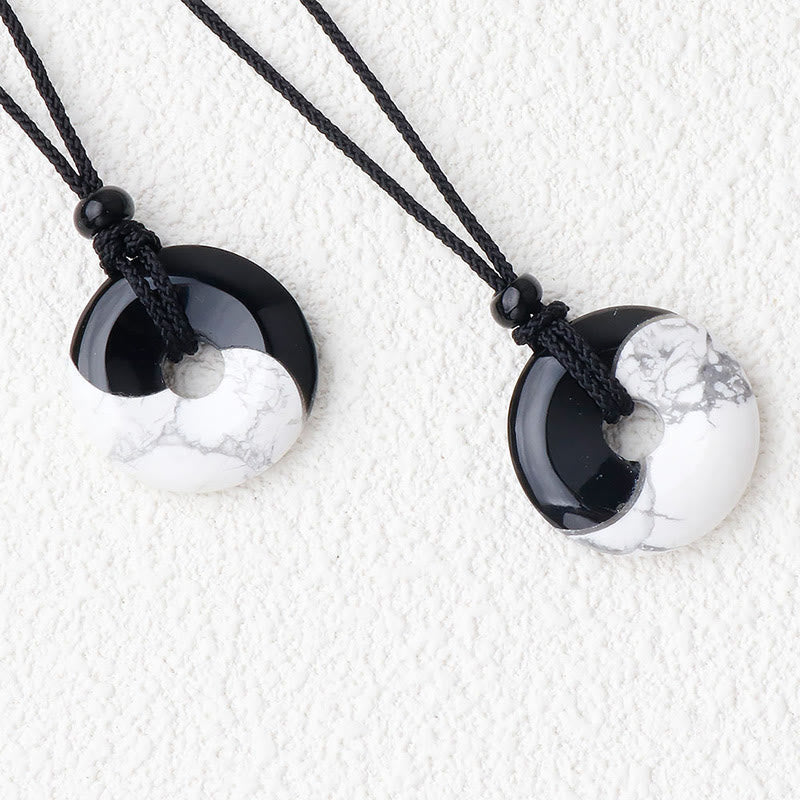 Nimara Ritual Natural Black Obsidian White Turquoise Yin Yang Peace Buckle Design Braided String Strength Necklace Pendant