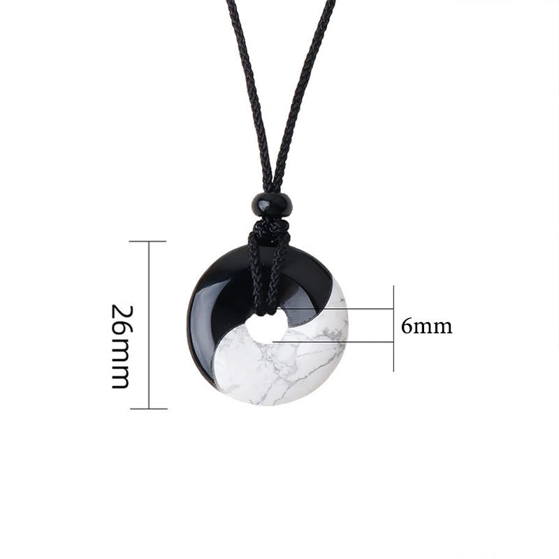 Nimara Ritual Natural Black Obsidian White Turquoise Yin Yang Peace Buckle Design Braided String Strength Necklace Pendant