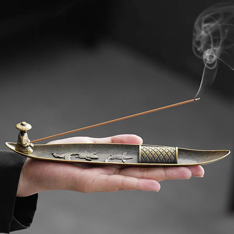 Nimara Ritual Fisherman Boat Koi Fish Zinc Alloy Incense Stick Holder Healing Incense Burner Decoration