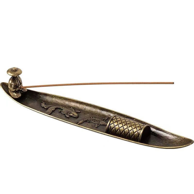 Nimara Ritual Fisherman Boat Koi Fish Zinc Alloy Incense Stick Holder Healing Incense Burner Decoration