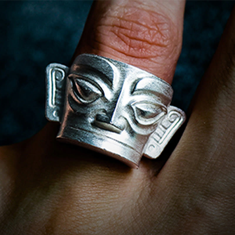 Nimara Ritual 999 Sterling Silver Hand Casting Sanxingdui Mask Protection Ring