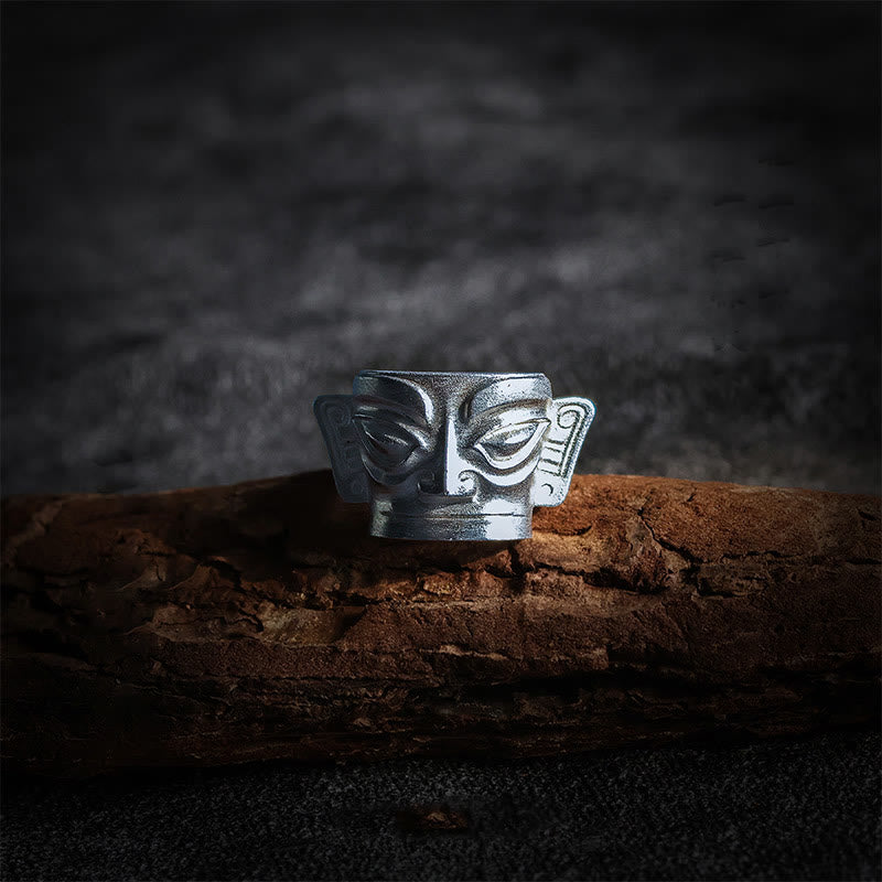 Nimara Ritual 999 Sterling Silver Hand Casting Sanxingdui Mask Protection Ring