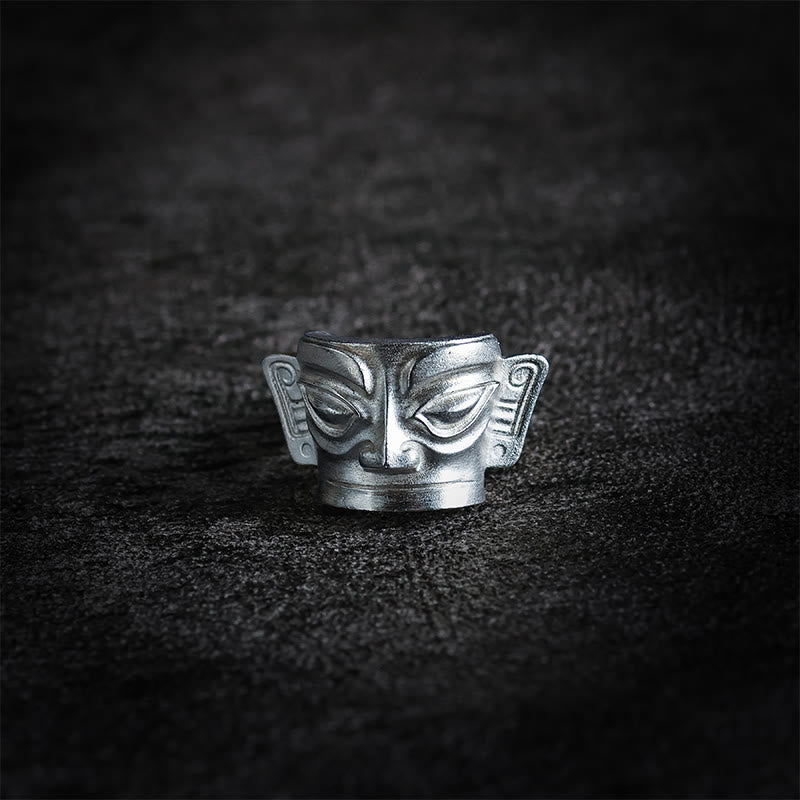 Nimara Ritual 999 Sterling Silver Hand Casting Sanxingdui Mask Protection Ring
