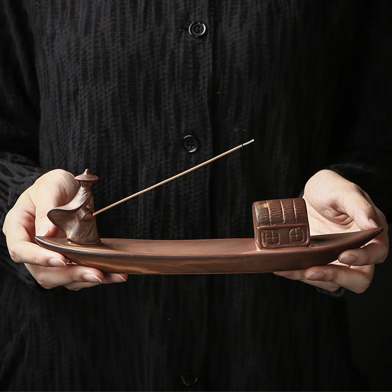 Nimara Ritual Fisherman Fishing Boat Bamboo Buddha Hand Lotus Spiritual Healing Ceramic Stick Incense Burner Decoration