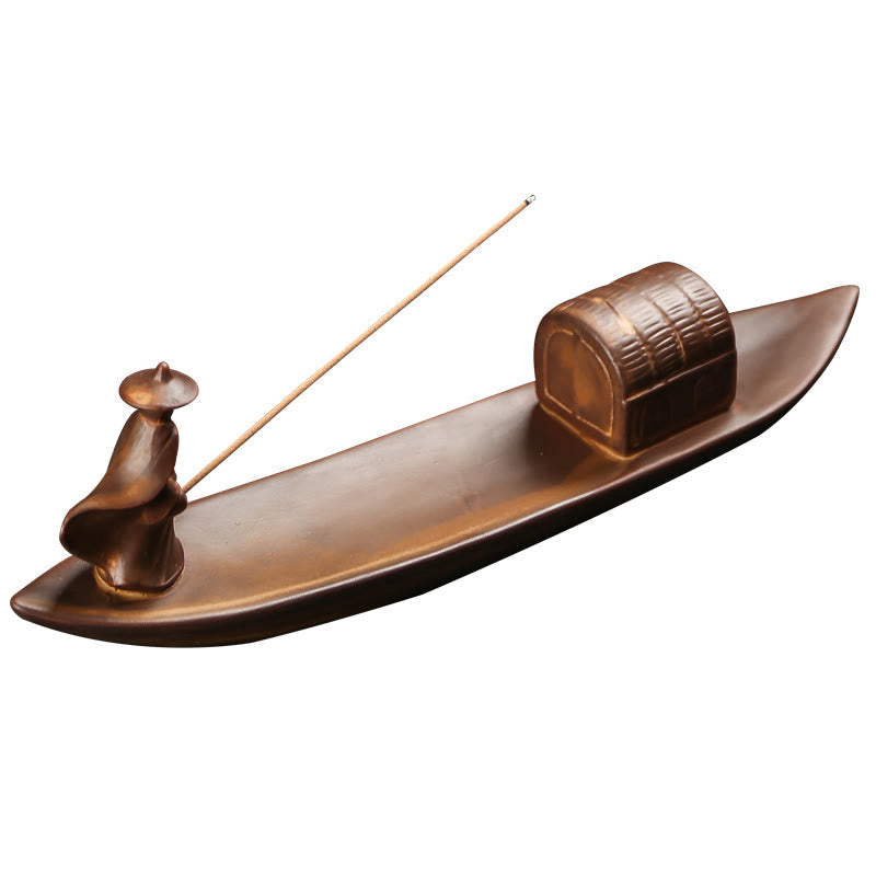 Nimara Ritual Fisherman Fishing Boat Bamboo Buddha Hand Lotus Spiritual Healing Ceramic Stick Incense Burner Decoration