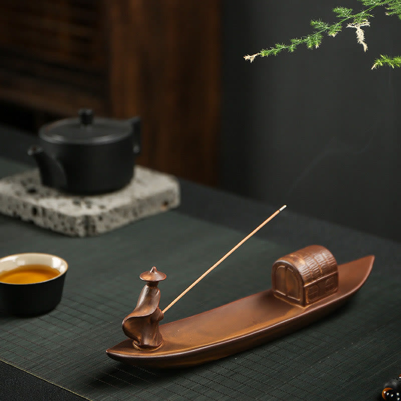 Nimara Ritual Fisherman Fishing Boat Bamboo Buddha Hand Lotus Spiritual Healing Ceramic Stick Incense Burner Decoration
