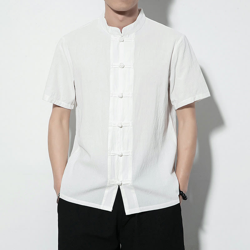 Nimara Ritual Casual Solid Color Front Frog Buttons Chinese Tang Suit Short Sleeve Linen Men's Shirt