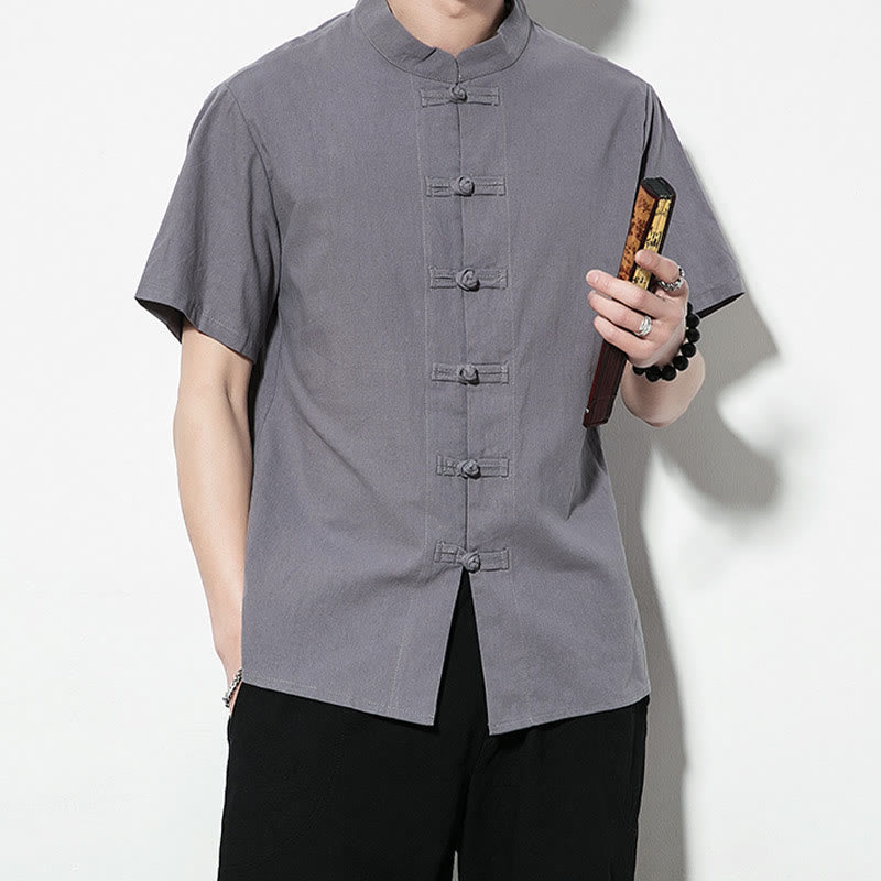 Nimara Ritual Casual Solid Color Front Frog Buttons Chinese Tang Suit Short Sleeve Linen Men's Shirt