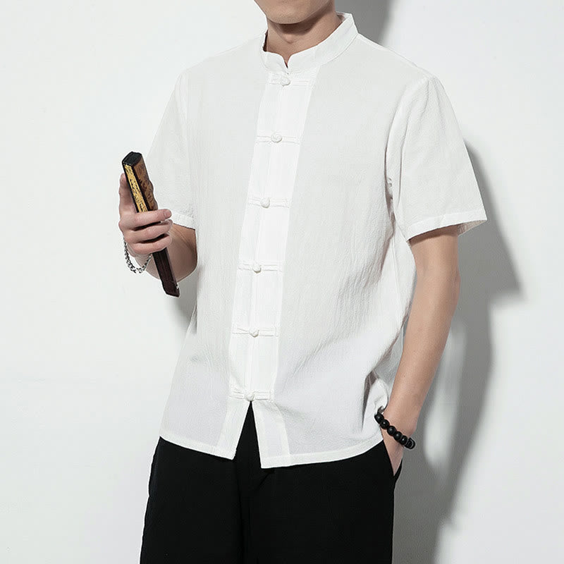 Nimara Ritual Casual Solid Color Front Frog Buttons Chinese Tang Suit Short Sleeve Linen Men's Shirt