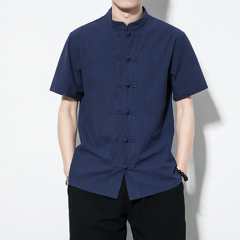 Nimara Ritual Casual Solid Color Front Frog Buttons Chinese Tang Suit Short Sleeve Linen Men's Shirt