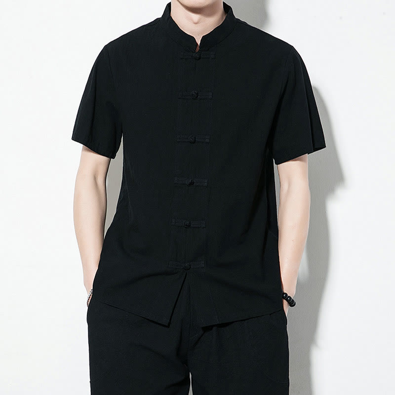 Nimara Ritual Casual Solid Color Front Frog Buttons Chinese Tang Suit Short Sleeve Linen Men's Shirt