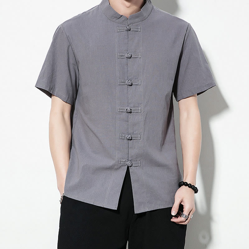 Nimara Ritual Casual Solid Color Front Frog Buttons Chinese Tang Suit Short Sleeve Linen Men's Shirt