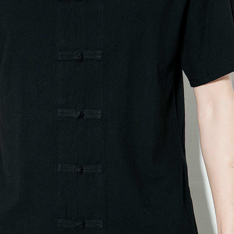 Nimara Ritual Casual Solid Color Front Frog Buttons Chinese Tang Suit Short Sleeve Linen Men's Shirt
