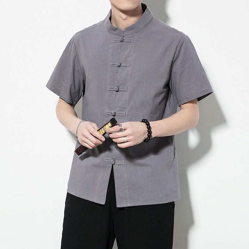 Nimara Ritual Casual Solid Color Front Frog Buttons Chinese Tang Suit Short Sleeve Linen Men's Shirt