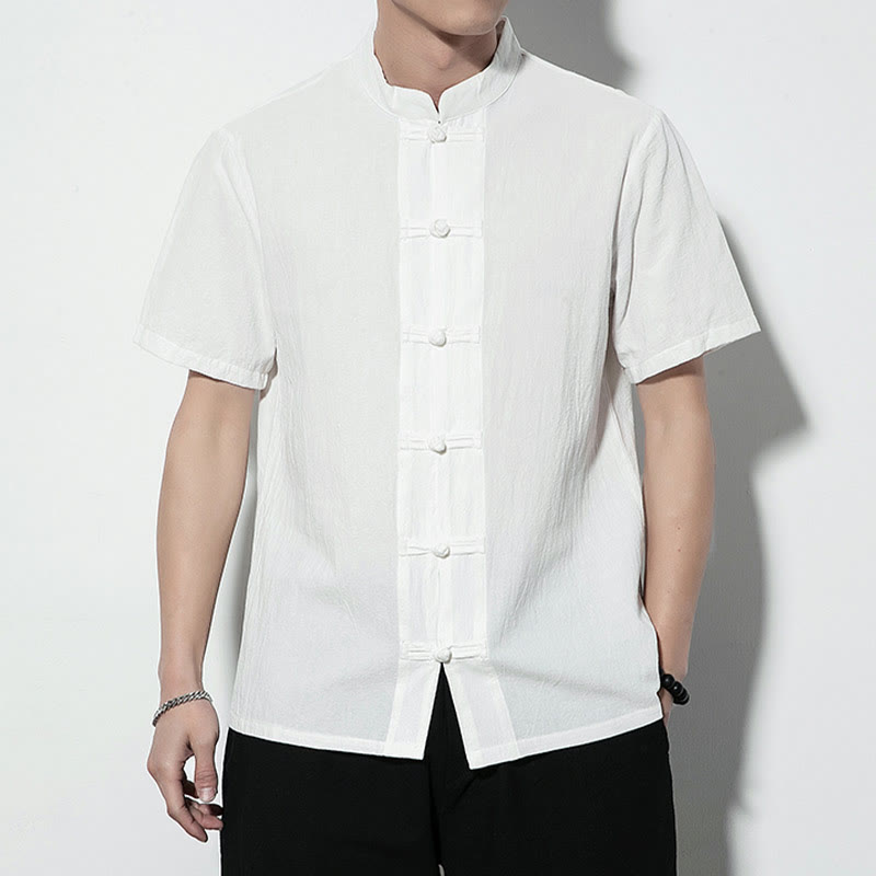 Nimara Ritual Casual Solid Color Front Frog Buttons Chinese Tang Suit Short Sleeve Linen Men's Shirt