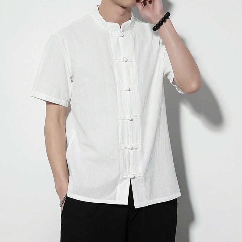 Nimara Ritual Casual Solid Color Front Frog Buttons Chinese Tang Suit Short Sleeve Linen Men's Shirt