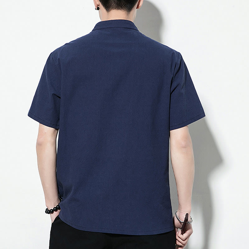 Nimara Ritual Casual Solid Color Front Frog Buttons Chinese Tang Suit Short Sleeve Linen Men's Shirt
