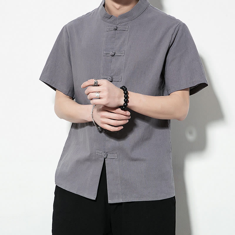 Nimara Ritual Casual Solid Color Front Frog Buttons Chinese Tang Suit Short Sleeve Linen Men's Shirt