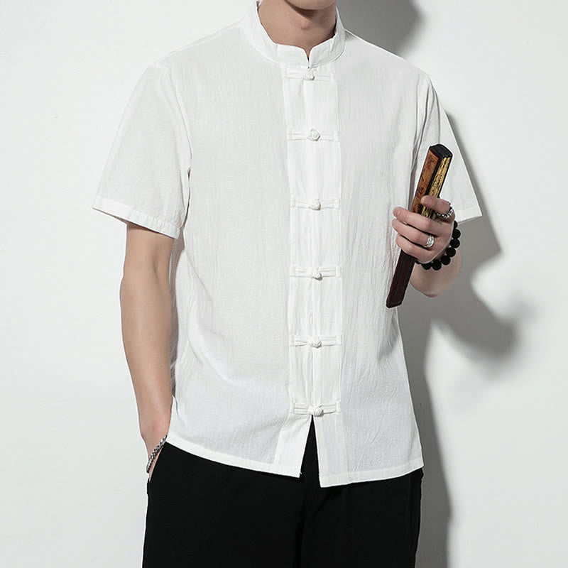 Nimara Ritual Casual Solid Color Front Frog Buttons Chinese Tang Suit Short Sleeve Linen Men's Shirt