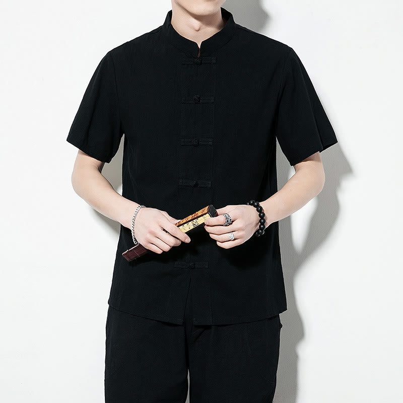 Nimara Ritual Casual Solid Color Front Frog Buttons Chinese Tang Suit Short Sleeve Linen Men's Shirt