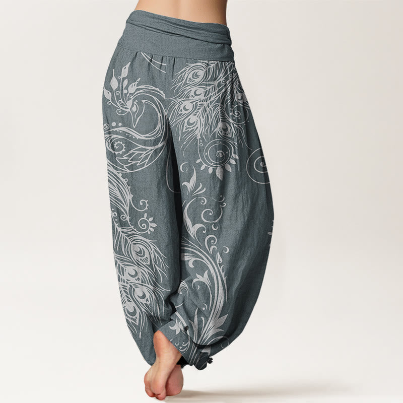 Nimara Ritual Cotton Casual Peacock Design Women's Elastic Waist Harem Pants