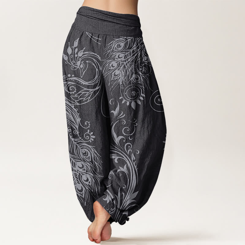 Nimara Ritual Cotton Casual Peacock Design Women's Elastic Waist Harem Pants