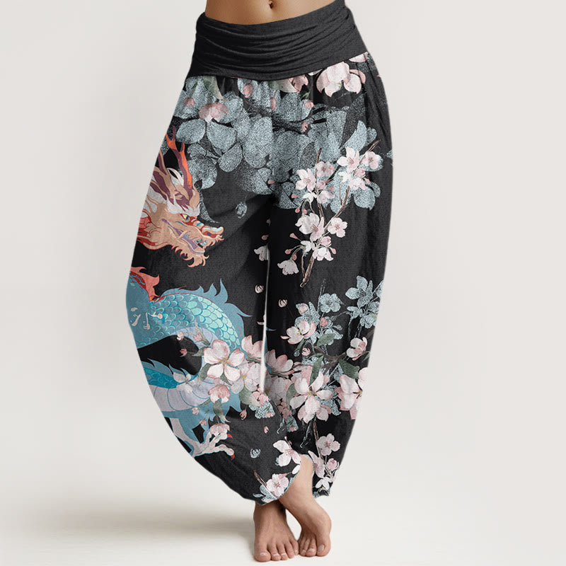 Nimara Ritual Cotton Casual Dragon Cherry Blossoms Women's Elastic Waist Harem Pants
