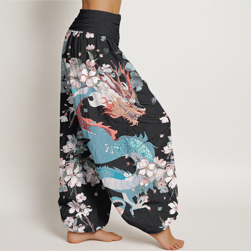 Nimara Ritual Cotton Casual Dragon Cherry Blossoms Women's Elastic Waist Harem Pants