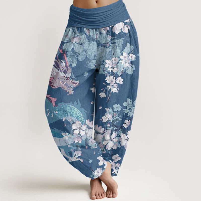Nimara Ritual Cotton Casual Dragon Cherry Blossoms Women's Elastic Waist Harem Pants