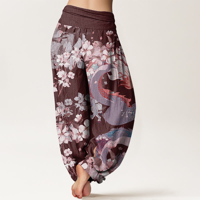 Nimara Ritual Cotton Casual Dragon Cherry Blossoms Women's Elastic Waist Harem Pants