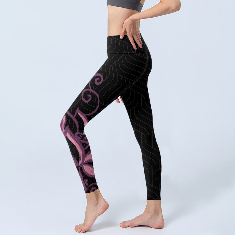 Nimara Ritual Black Pink Lotus Flower Print Gym Leggings Women's Yoga Pants