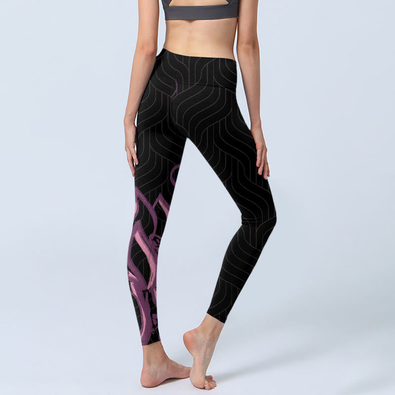 Nimara Ritual Black Pink Lotus Flower Print Gym Leggings Women's Yoga Pants