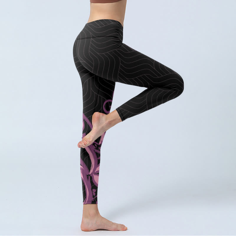 Nimara Ritual Black Pink Lotus Flower Print Gym Leggings Women's Yoga Pants