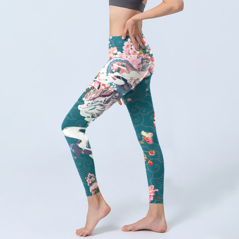 Nimara Ritual Dragon Cherry Blossoms Print Gym Leggings Women's Yoga Pants