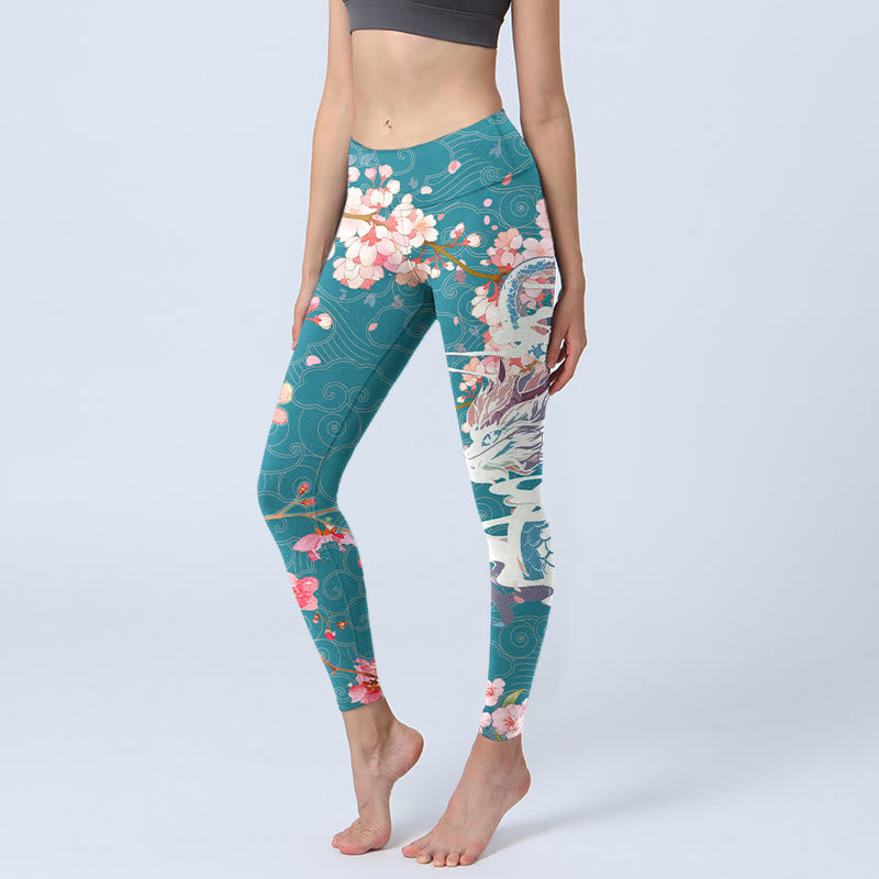 Nimara Ritual Dragon Cherry Blossoms Print Gym Leggings Women's Yoga Pants