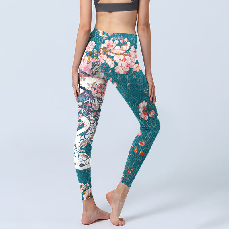 Nimara Ritual Dragon Cherry Blossoms Print Gym Leggings Women's Yoga Pants