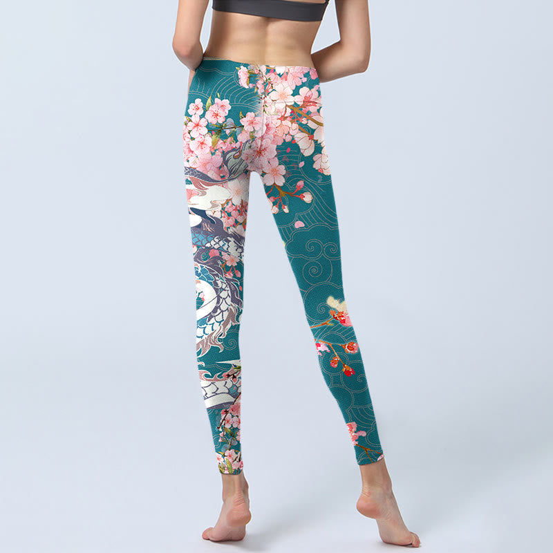 Nimara Ritual Dragon Cherry Blossoms Print Gym Leggings Women's Yoga Pants