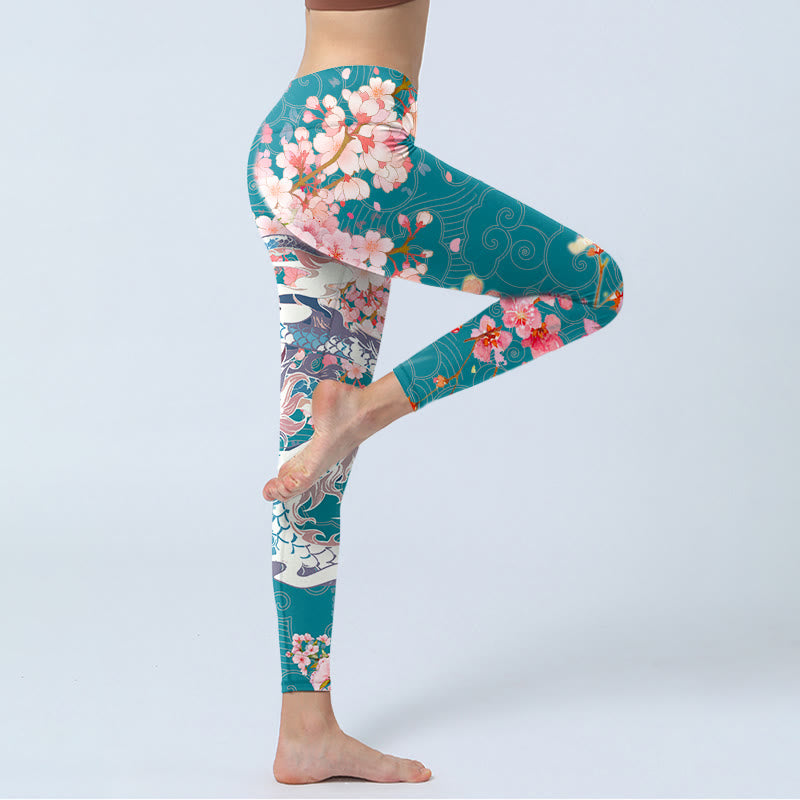 Nimara Ritual Dragon Cherry Blossoms Print Gym Leggings Women's Yoga Pants