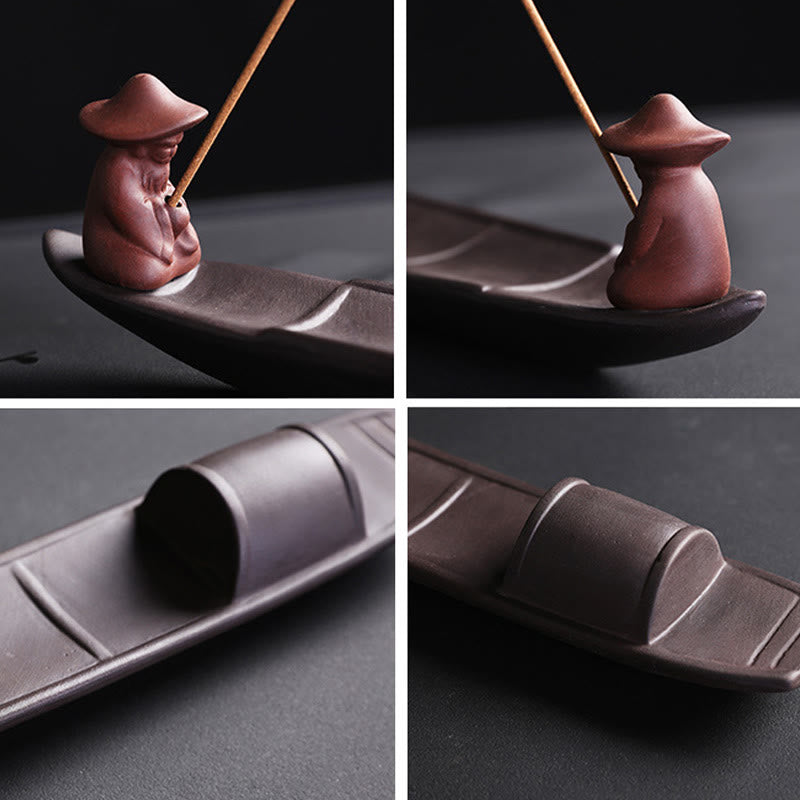Nimara Ritual Fisherman Boat Purple Clay Peace Healing Ceramic Stick Incense Burner Decoration